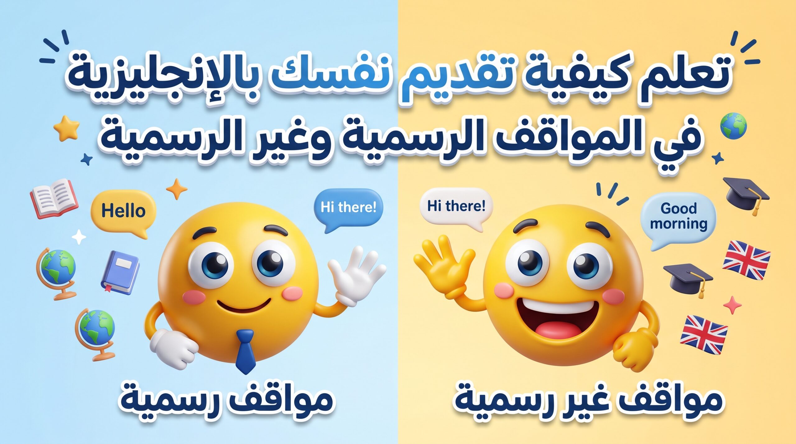 كيفية تقديم نفسك باللغة الإنجليزية بشكل رسمي وغير رسمي create a clean, modern, high quality 202605150941